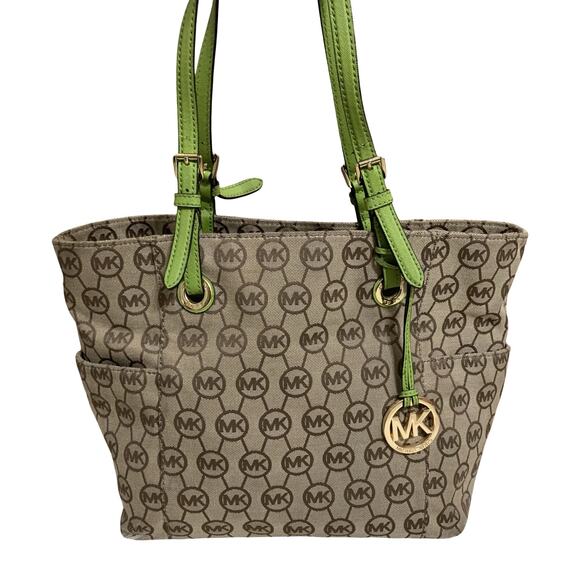 MICHAEL KORS JET SET Vintage Khaki Signature Canvas Pocket Tote w/Green Trim - Picture 1 of 16